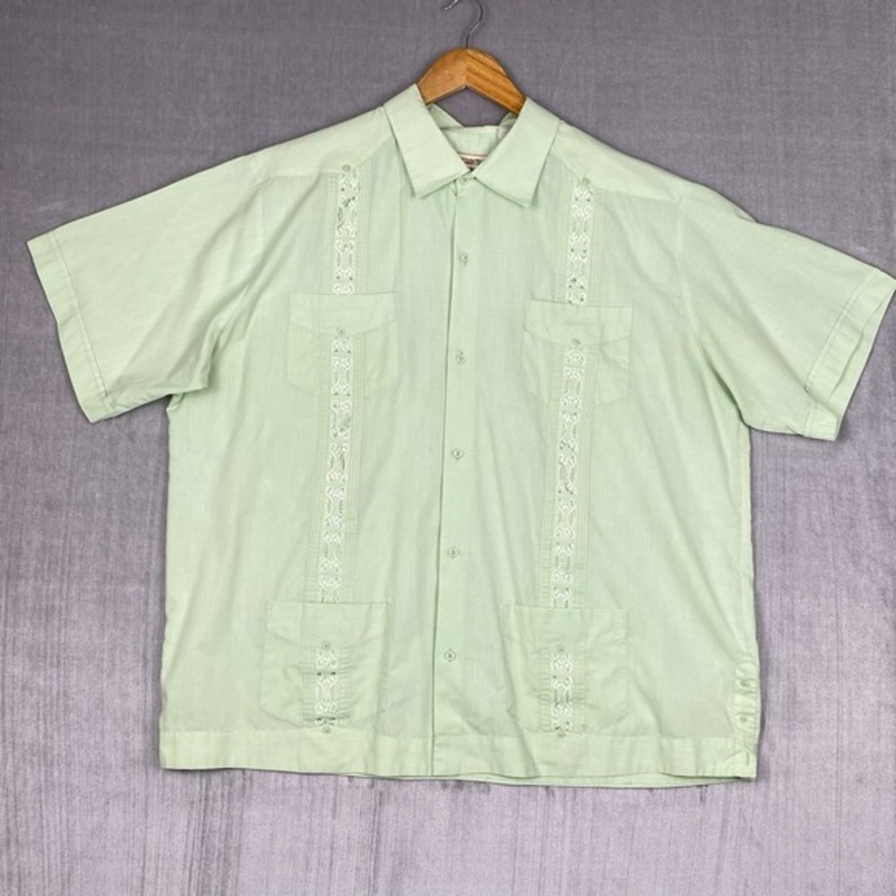 Vtg Guayabera Cubavera Shirt Mens 2XL Mint Green Cotton Cabana Resort Boho Miami